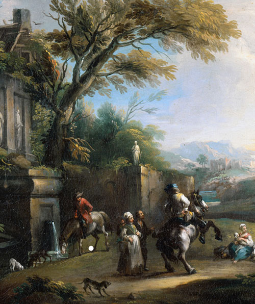 Paesaggio campestre con contadini, cani ed un uomo a cavallo